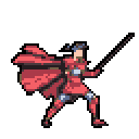 Warrior in red and grey armor with a flowing red cape, holding a dark staff-like weapon diagonally upwards, posed in a dynamic, crouched stance against a plain brown background.