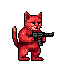 A bipedal cat with red fur stands facing right, aiming a black and grey submachine gun with both paws.