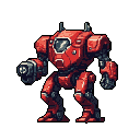 Heavily armored bipedal mech with a large cannon on its right arm, standing in a ready pose against a muted blue-grey background.