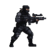 Determined operative in tactical gear and balaclava running forward, aiming an assault rifle.