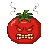A menacing tomato with sharp pixelated teeth bared and malevolent red eyes.