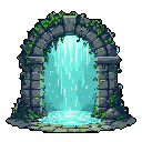 A weathered stone archway, overtaken by lush greenery, frames a vibrant, luminous waterfall cascading into a shimmering pool. The serene pixel art evokes a sense of mystery and forgotten beauty, hinting at a hidden, magical place.