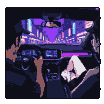 A modern sports car speeds through a neon city at night, seen from the driver's perspective. The dashboard glows with blue and magenta lights, with a digital display. A man with short dreadlocks is at the wheel. A woman with blonde hair and a short black skirt sits in the passenger seat, wearing white pixelated sneakers. Streaking neon lights and a purple night sky are visible through the windshield.