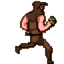 A hooded figure sprints forward, clutching a mysterious green object in their hand. The pixel art's muted colors and clean style emphasize the character's urgency and the implied action of a chase.