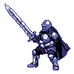Knight in segmented armor and dark cape holding a two-handed sword aloft, facing left.