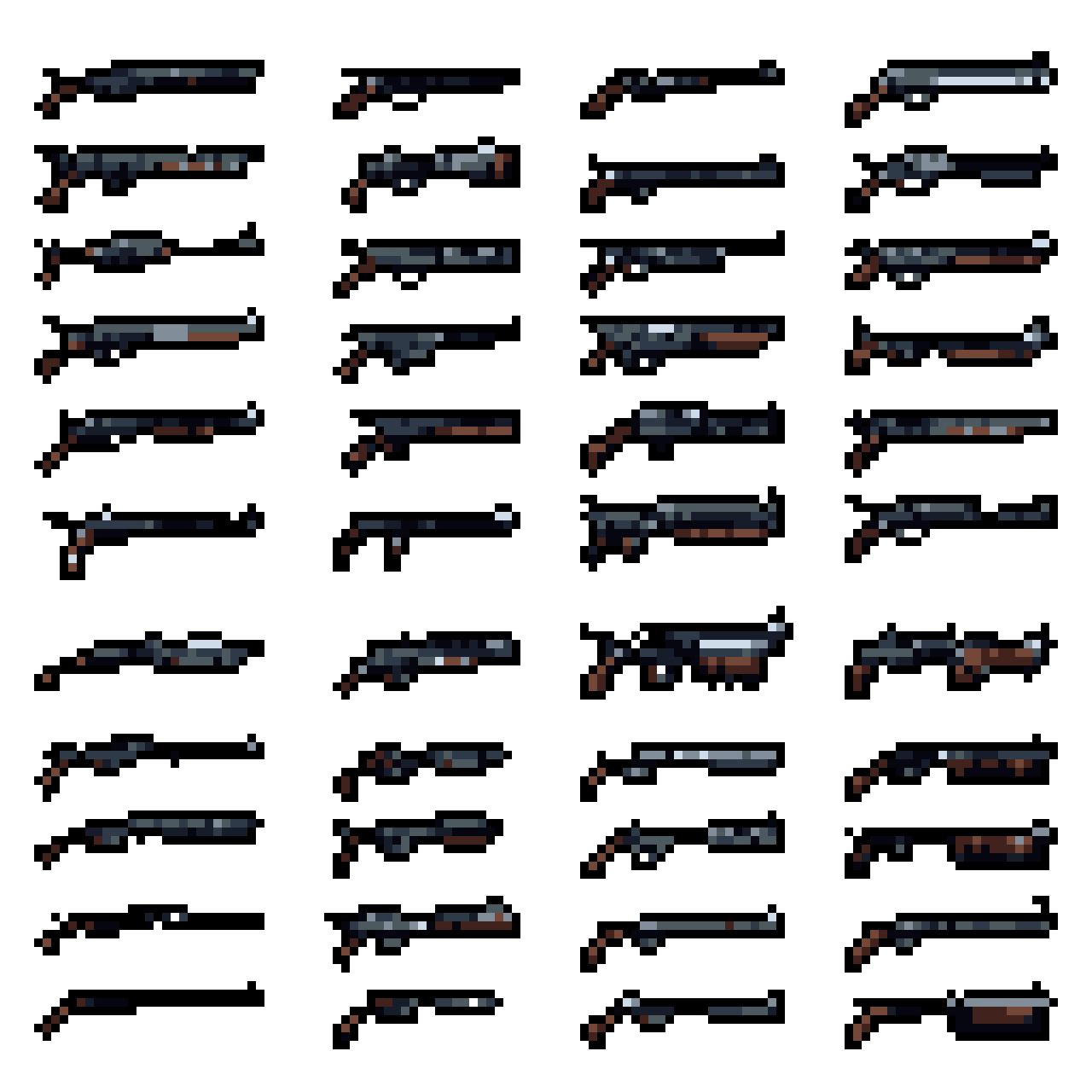 Grid Pattern Weapons Pixel Art: Weapon Silhouettes: A Grid of Firearm Designs
