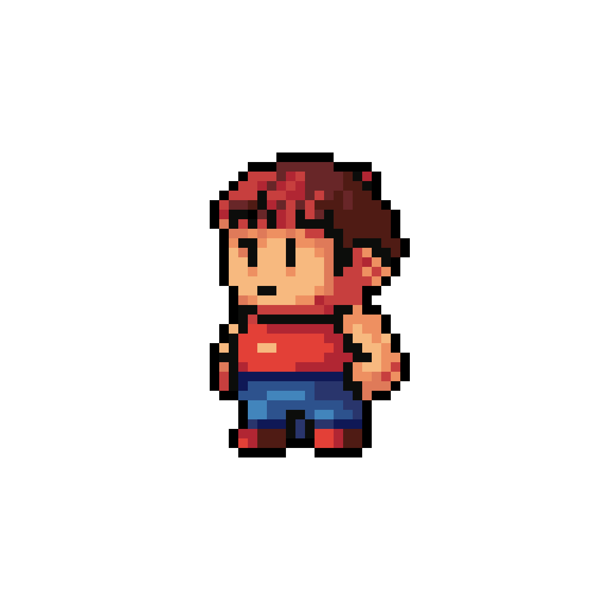 Retro Boy Sprite: Red Shirt, Blue Pants, Warm Tones
