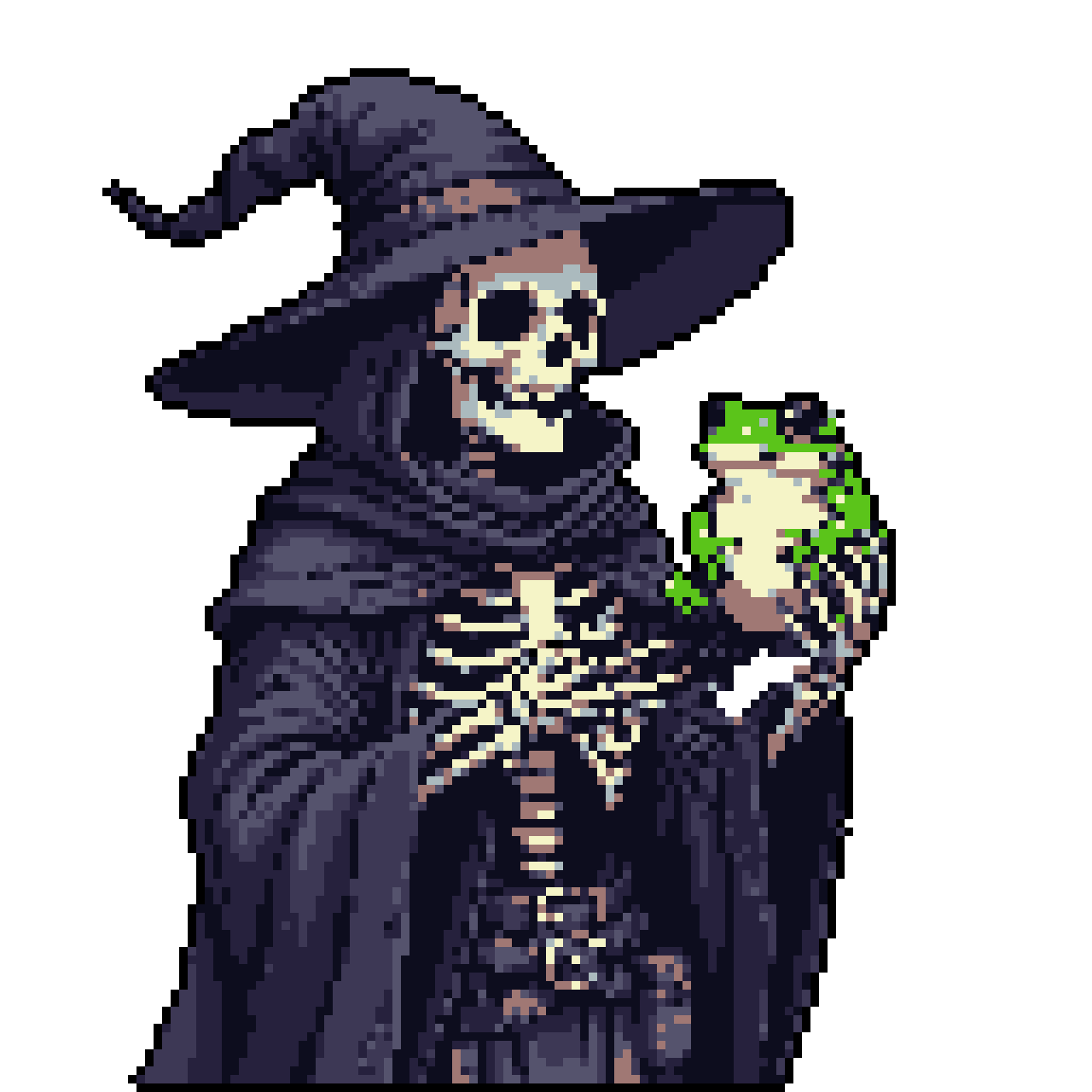 Pixie Skeleton Pixel Art Sprite: Skeleton Witch & Frog: Eerie Whimsy
