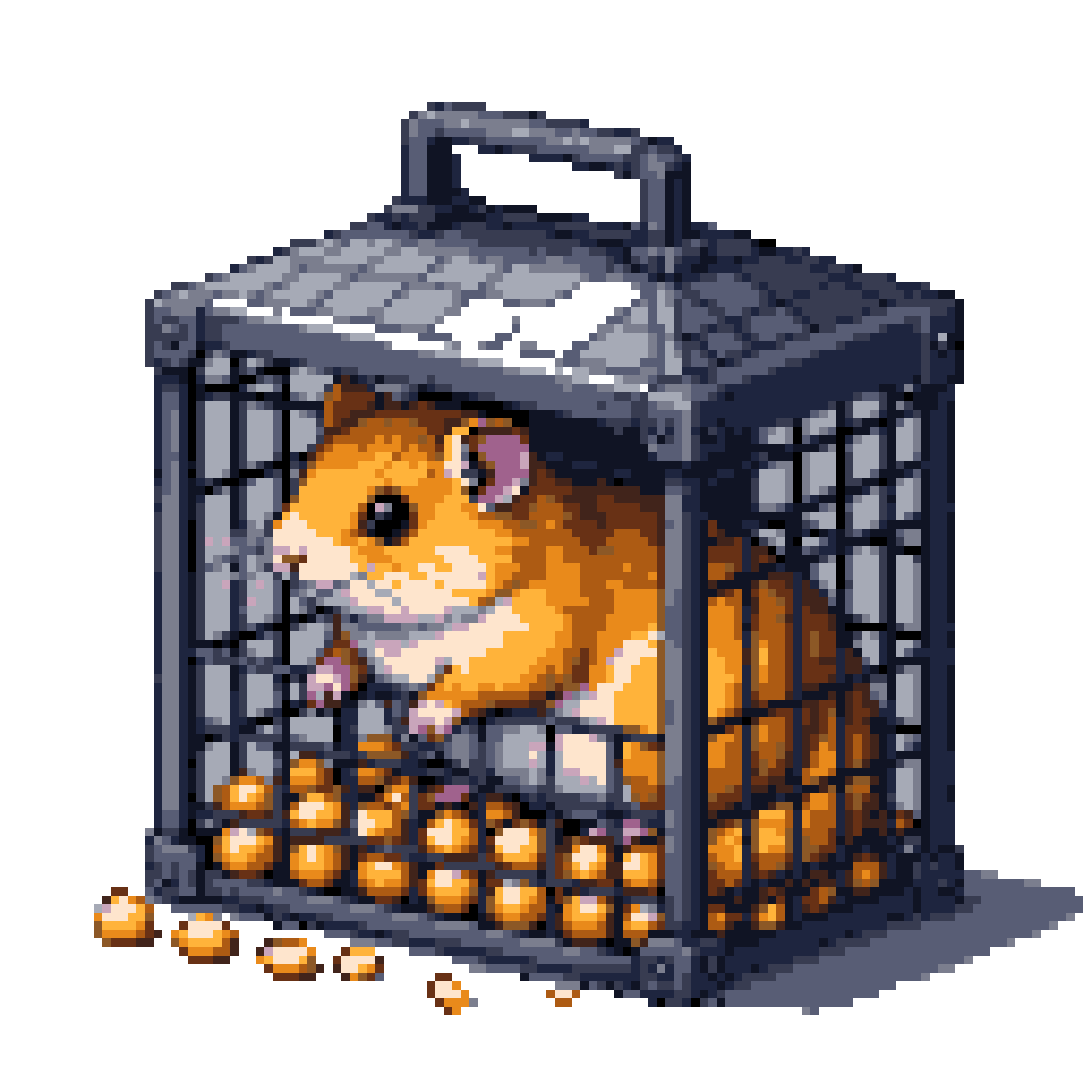 Golden Hamster Hoards Treasures in Dark Cage