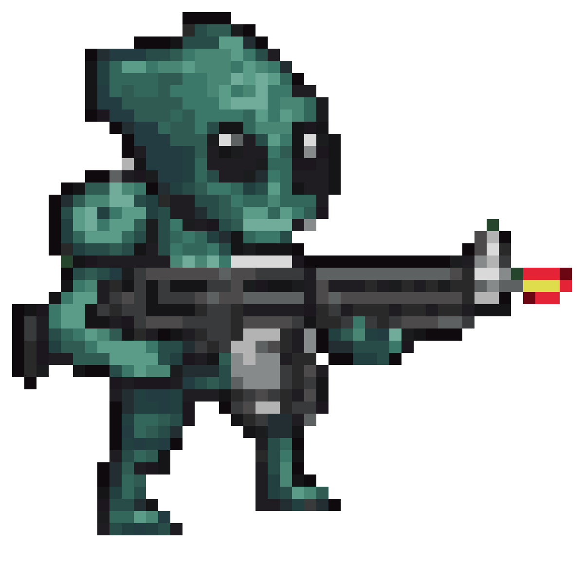 Alien Warrior Awaits: Red-Glow Gun Ready for Combat