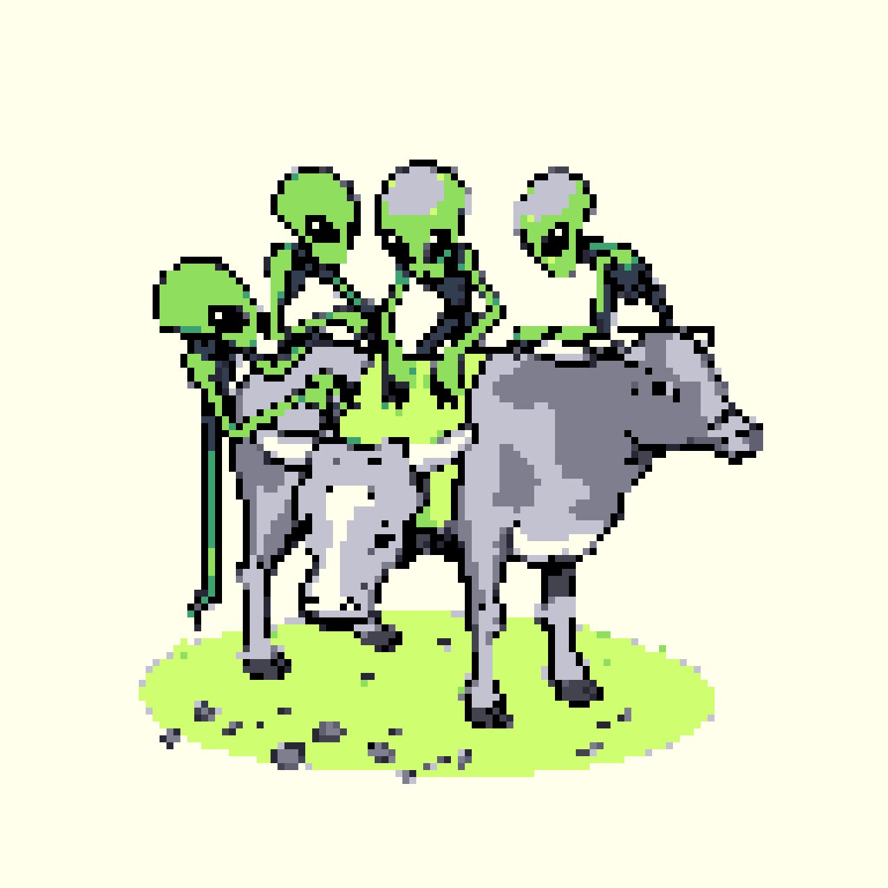 Green Aliens Ride Cow: Whimsical Retro Scene