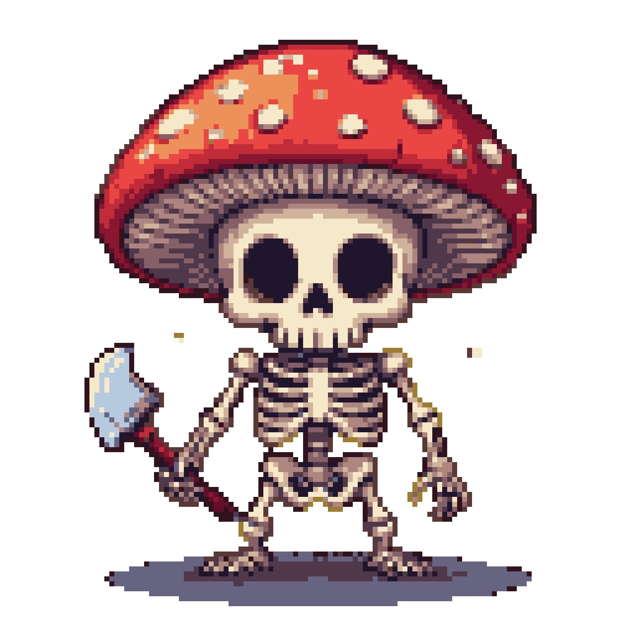 Pixie Skeleton Pixel Art Sprite: Mushroom-Headed Skeleton with Axe: Whimsical Macabre