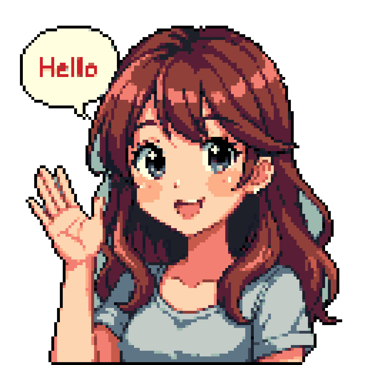 Friendly Wave: Hello! Girl with Blue Ribbon Smiles