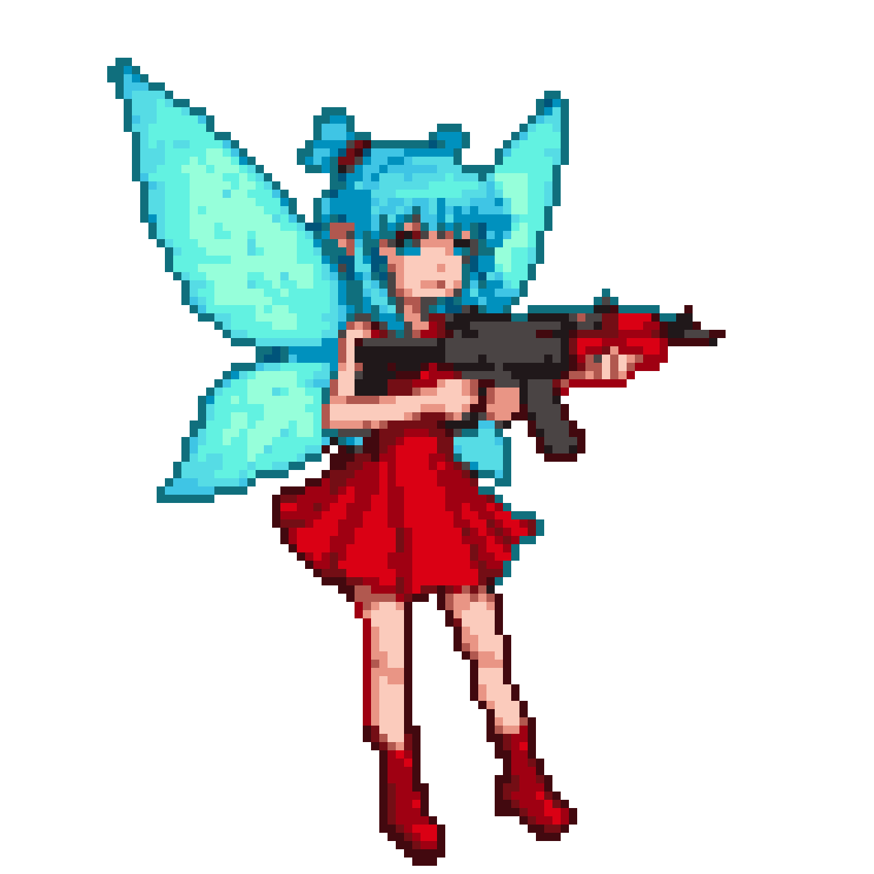 AI Pixel Art: Cyan Pixie Attacks: Crimson Dress, Shimmering Wings