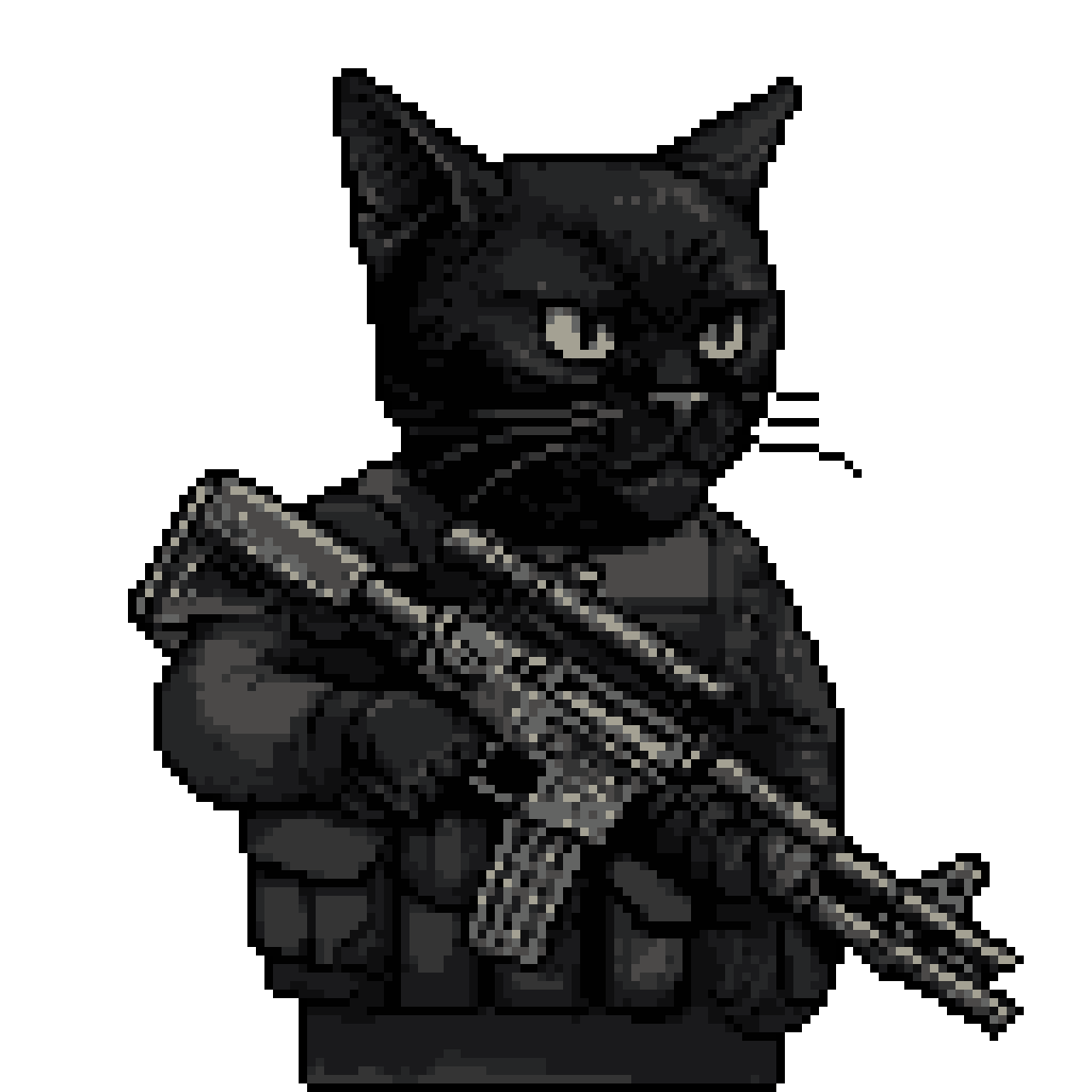 Tactical Black Cat with Rifle: Intense Monochrome Portrait
