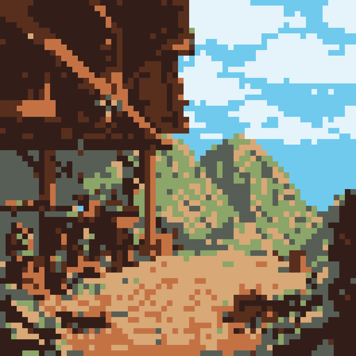 2D Game Asset: Rustic Mountain View: Shadowed Cabin & Verdant Peaks