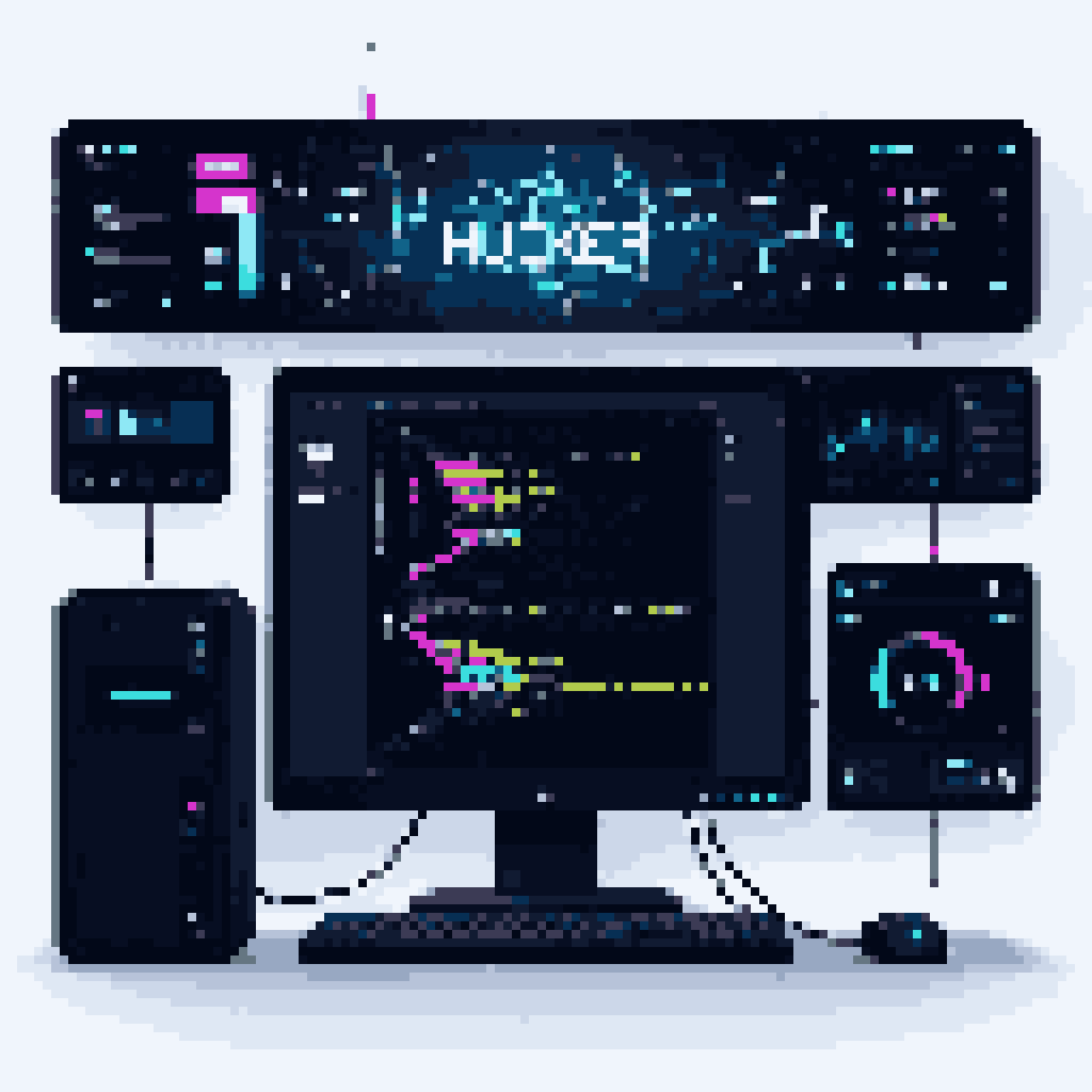 Futuristic Hacker Workstation: Glowing Code & Data