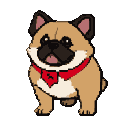 A pug wearing a red bandana sits with its tongue slightly out.