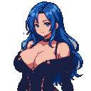 Woman with flowing blue hair and blue eyes, wearing a dark, low-cut garment.