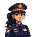 Young Indonesian female police officer in dark blue uniform with gold insignia and cap, blue eyes, serene and alert expression.