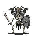 Skeletal warrior with a dragon helmet, red eyes, broadsword, and shield.