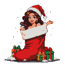 Woman with Santa hat peeking from Christmas stocking, surrounded by falling snow pixels and wrapped gifts.