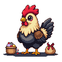 A plump, pixelated chicken with expressive eyes stands ready for business, a burlap sack filled with goods to its left and a tied pouch to its right.