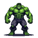 Hulk, a muscular green figure with furrowed brow and grimace, stands in a powerful pose wearing torn purple pants.