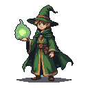 Pixel Art: teenager mage wearing a large green robe and a mage hat