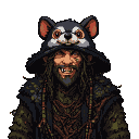 Grim-faced druid with a Tasmanian devil hat, jagged teeth, tangled dreadlocks, scraggly beard, and moss-covered dark fantasy attire.