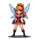 Pixel art pixie fighter with orange hair, blue eyes, brown and red armor, and light blue wings.