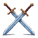 Two crossed swords with blue blades and detailed gold-accented hilts on a black background.