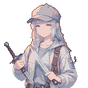 Young woman in a cap and fantasy-infused streetwear holds a sword with calm confidence, set against a muted, ethereal background.