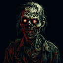 Grotesque zombie with decaying flesh, jagged teeth, and glowing red eyes, wearing tattered dark clothing.