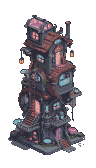 A tall, multi-tiered, futuristic pixie house with numerous windows, balconies, and staircases. Warm, pinkish light glows from within.