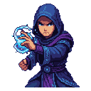 Pixel Art: mage arcade fighter close-up portrait head and torso in figh...