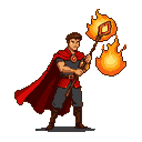 Fire mage in crimson cape, staff crackling with intense flames, dark attire, black background.