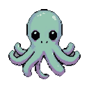 A light teal octopus with large, dark, expressive eyes and splayed tentacles, rendered in a pixel art style with subtle purple shading.