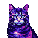 A cat's face with swirling nebula-like fur in deep purples, vibrant pinks, and shimmering blues, speckled with tiny stars. Its luminous light blue eyes are intense. Delicate grey whiskers fan out against a dark background.