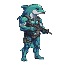 Pixel Art: Dolphin man with rifle