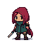 Young adventurer with a short sword, wearing a teal tunic, dark boots, and a crimson hooded cloak.
