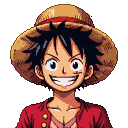 Young man with spiky black hair, wearing a straw hat with a red band and a red shirt, grinning joyfully.