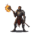 Menacing zombie knight in tarnished plate armor, holding a colossal fire-engulfed axe.