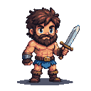 Muscular, bearded man with sword, wearing blue loincloth and fur-lined leg wraps.