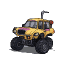 Rugged, bright yellow off-road vehicle with pink abstract markings on the hood and red accents on the rear, against a black background.