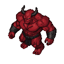 A muscular, crimson-skinned demon with dark horns and burning eyes, wearing bracers and a loincloth, in an aggressive stance.