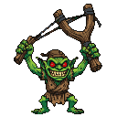Green goblin with glowing red eyes and toothy grin, holding a large wooden slingshot above its head, wearing tattered rags.