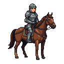 Female knight in segmented armor on a brown horse, looking forward with determination.