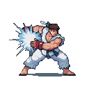 Ryu in a low stance, palms forward, unleashing a bright blue Hadoken energy blast.