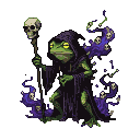 A frog necromancer in dark robes, holding a skull-topped staff. Purple spectral energy with tiny skulls swirls around it.